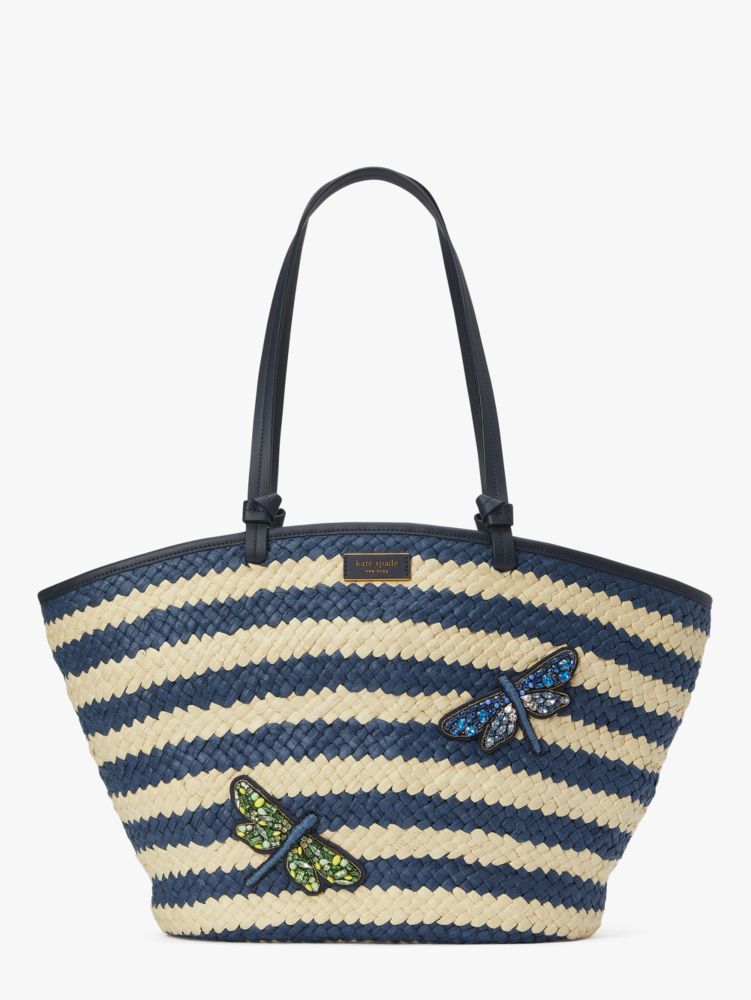 KateSpade Shore Thing Embellished Striped Straw Large Tote Blazer Blue Multi