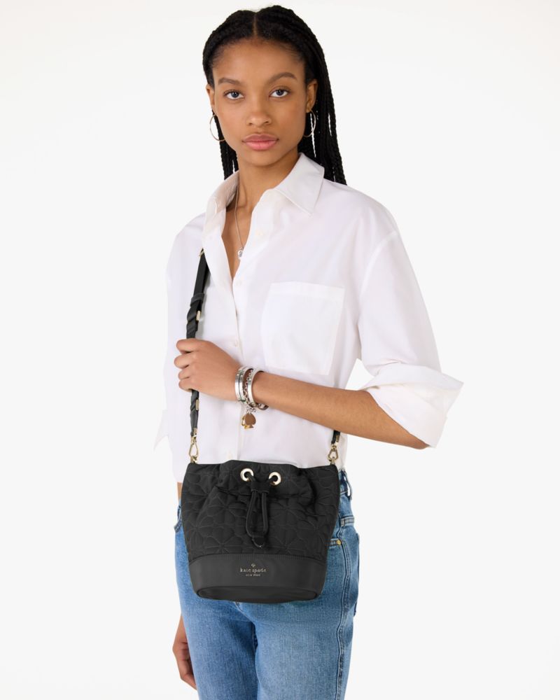 KateSpade Spade Flower Quilted Fabric Bucket Bag Black