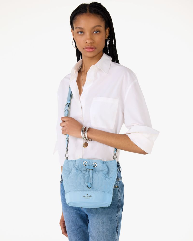 KateSpade Spade Flower Quilted Fabric Bucket Bag Montauk Blue