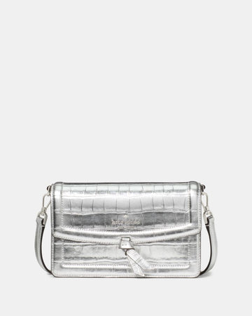 KateSpade Knott Croc Embossed Mini Flap Crossbody Silver