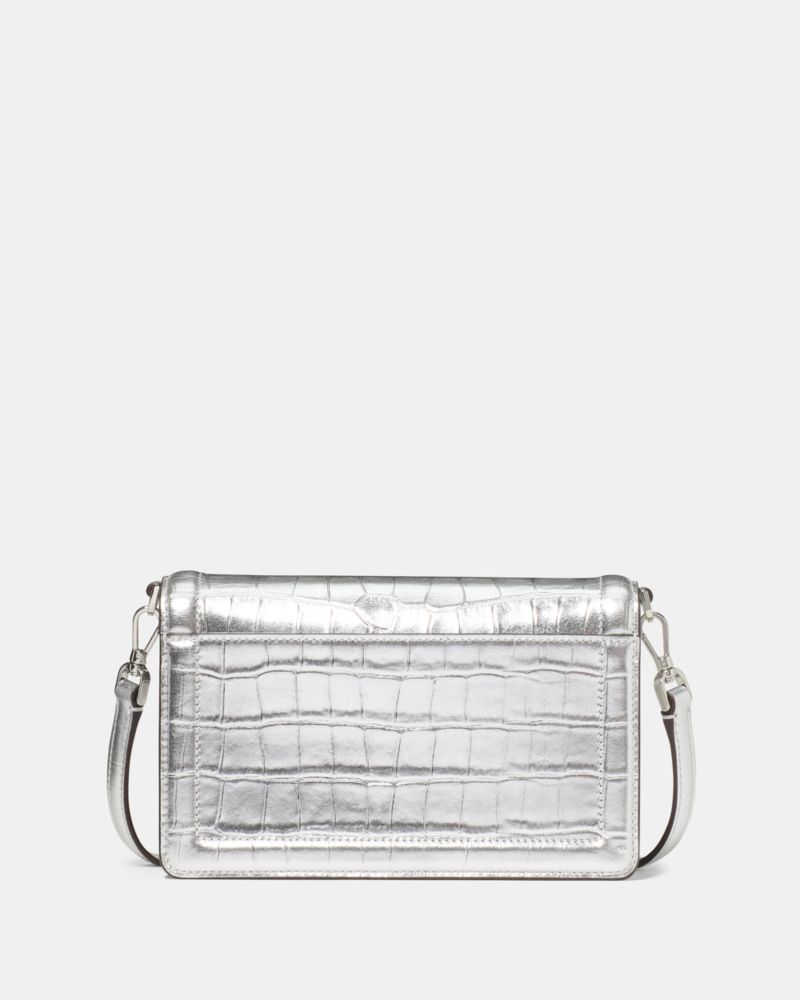 KateSpade Knott Croc Embossed Mini Flap Crossbody Silver
