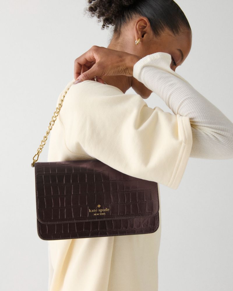 KateSpade Madison Croc Embossed Willow Medium Convertible Crossbody Hot Fudge