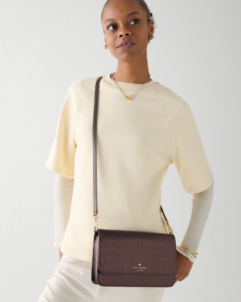 KateSpade Madison Croc Embossed Willow Medium Convertible Crossbody Hot Fudge