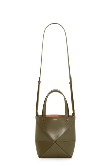 Loewe Mini Puzzle Fold Tote In Shiny Calfskin Dark Khaki Green