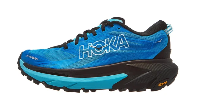 Blue and black running shoe with 'Hoka' branding on a white background