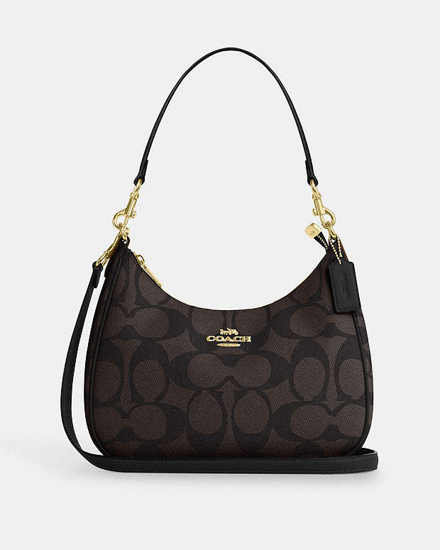 Teri Hobo Bag In Blocked Signature Canvas Signature Canvas-Gold-Walnut-Tan Signature Canvas-Gold-Walnut-Tan