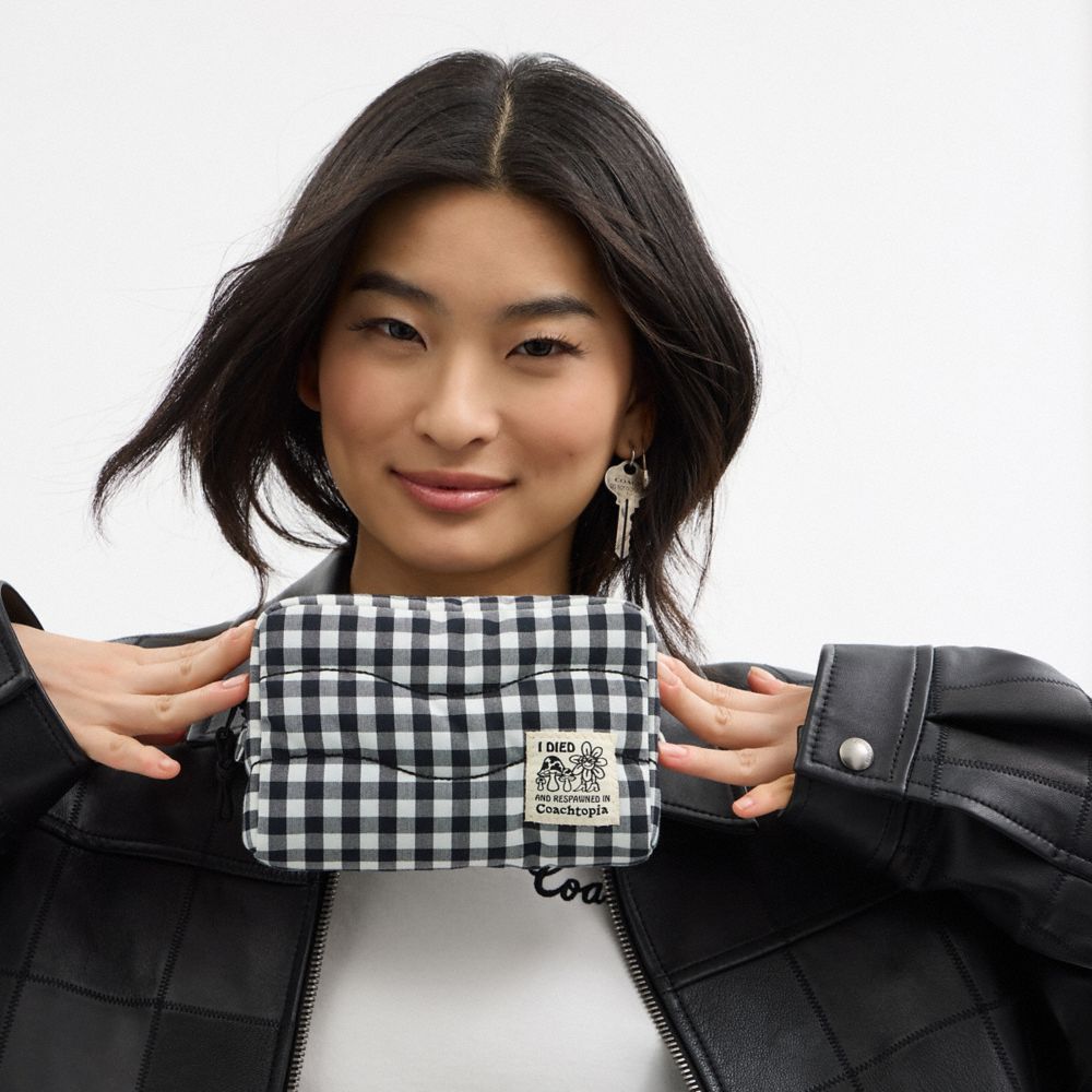 Coach Coachtopia Loop Pouch In Recycled Polyester With Gingham Pattern Black White Gingham