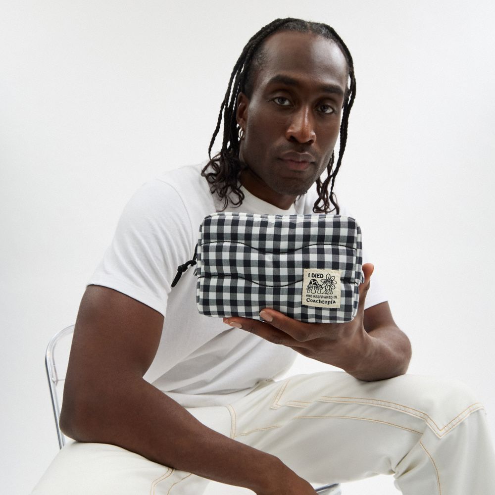 Coach Coachtopia Loop Pouch In Recycled Polyester With Gingham Pattern Black White Gingham