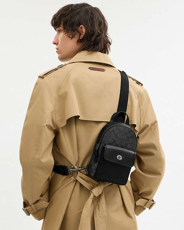 Small Turnlock Sling Pack In Signature Canvas Signature Canvas-Gunmetal-Charcoal-Black Signature Canvas-Gunmetal-Charcoal-Black