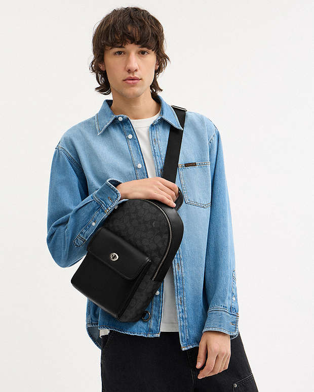 Turnlock Sling Pack In Signature Canvas Signature Canvas-Gunmetal-Charcoal-Black Signature Canvas-Gunmetal-Charcoal-Black