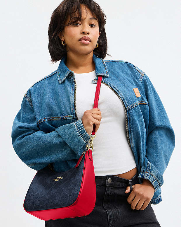 Teri Hobo Bag In Signature Canvas Signature Canvas-Im-Denim-Bold Red Signature Canvas-Im-Denim-Bold Red