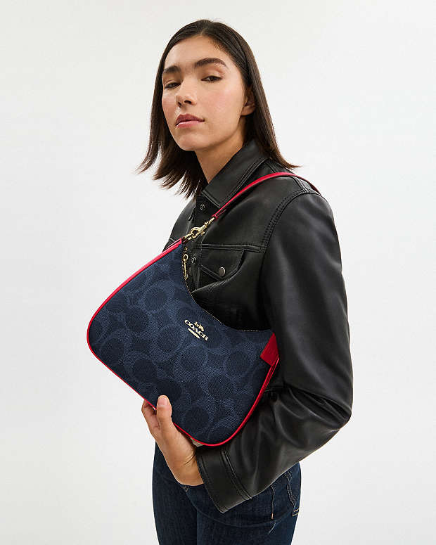 Teri Hobo Bag In Signature Canvas Signature Canvas-Im-Denim-Bold Red Signature Canvas-Im-Denim-Bold Red