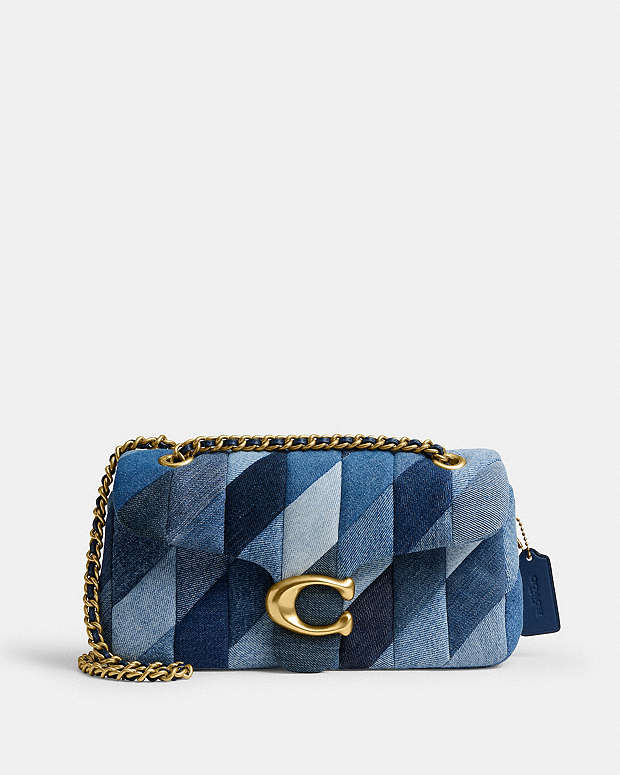 Tabby Shoulder Bag 26 With Patchwork Quilting Denim-Brass-Denim Denim-Brass-Denim