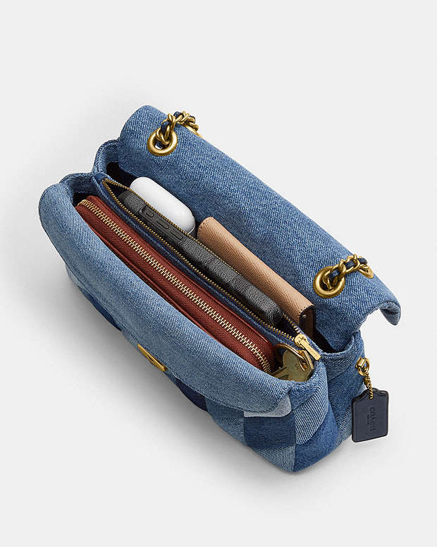 Tabby Shoulder Bag 26 With Patchwork Quilting Denim-Brass-Denim Denim-Brass-Denim