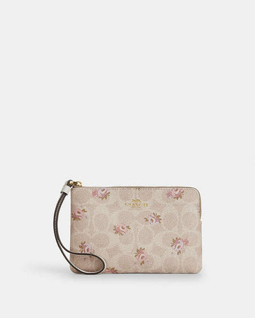 Corner Zip Wristlet In Signature Canvas With Floral Print Gold-Sand Multi Gold-Sand Multi