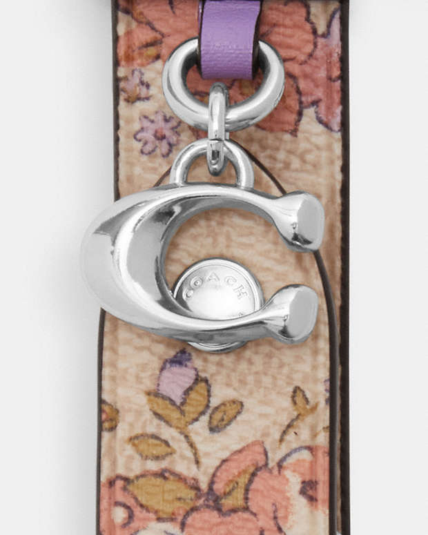 Trigger Snap Bag Charm With Floral Print Signature Canvas-Silver-Sand Multi Signature Canvas-Silver-Sand Multi