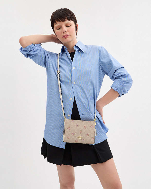 Slim Crossbody Bag In Signature Canvas With Floral Print Gold-Sand Multi Gold-Sand Multi