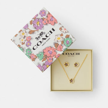 Coach Tea Rose Pendant Necklace And Earrings Gift Set Gold