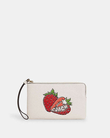 Large Corner Zip Wristlet With Strawberry Graphic Gold-Chalk Multi Gold-Chalk Multi