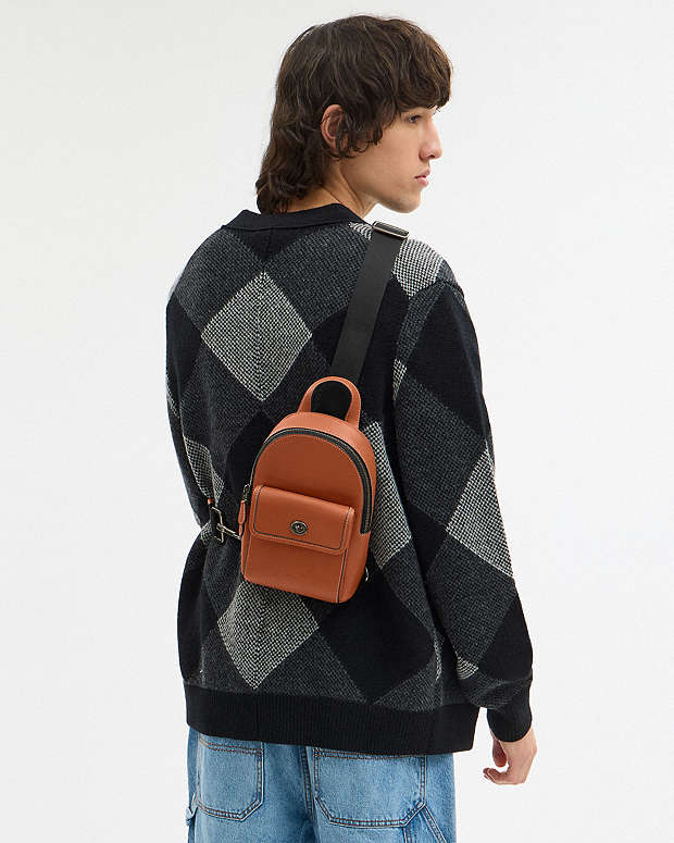 Small Turnlock Sling Pack Smooth Leather-Gunmetal-Tan Smooth Leather-Gunmetal-Tan