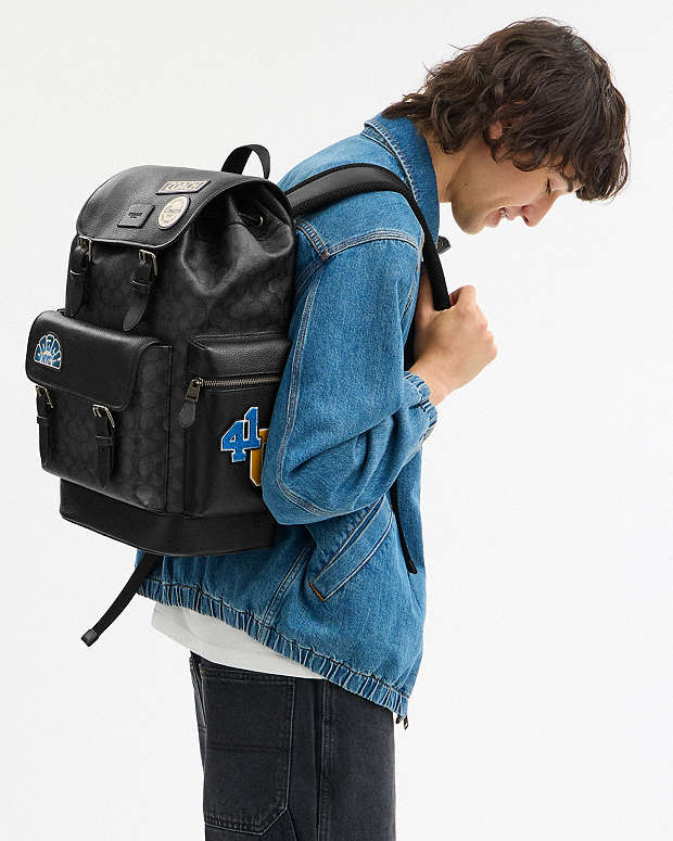 Sprint Backpack In Signature Canvas With Patches Signature Canvas-Gunmetal-Charcoal Multi Signature Canvas-Gunmetal-Charcoal Multi