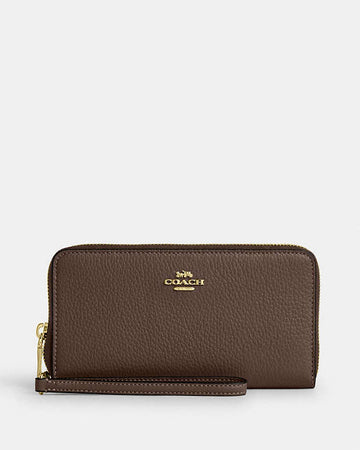 Long Zip Around Wallet With Detachable Card Case Pebbled Leather-Gold-Dark Stone Pebbled Leather-Gold-Dark Stone
