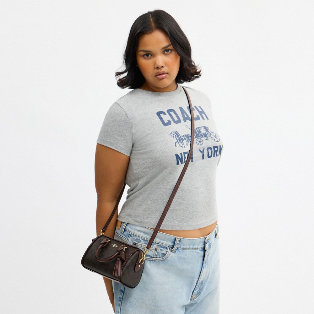 Coach Mini Rowan Crossbody Bag In Signature Canvas With Fringe Im Walnut Maple