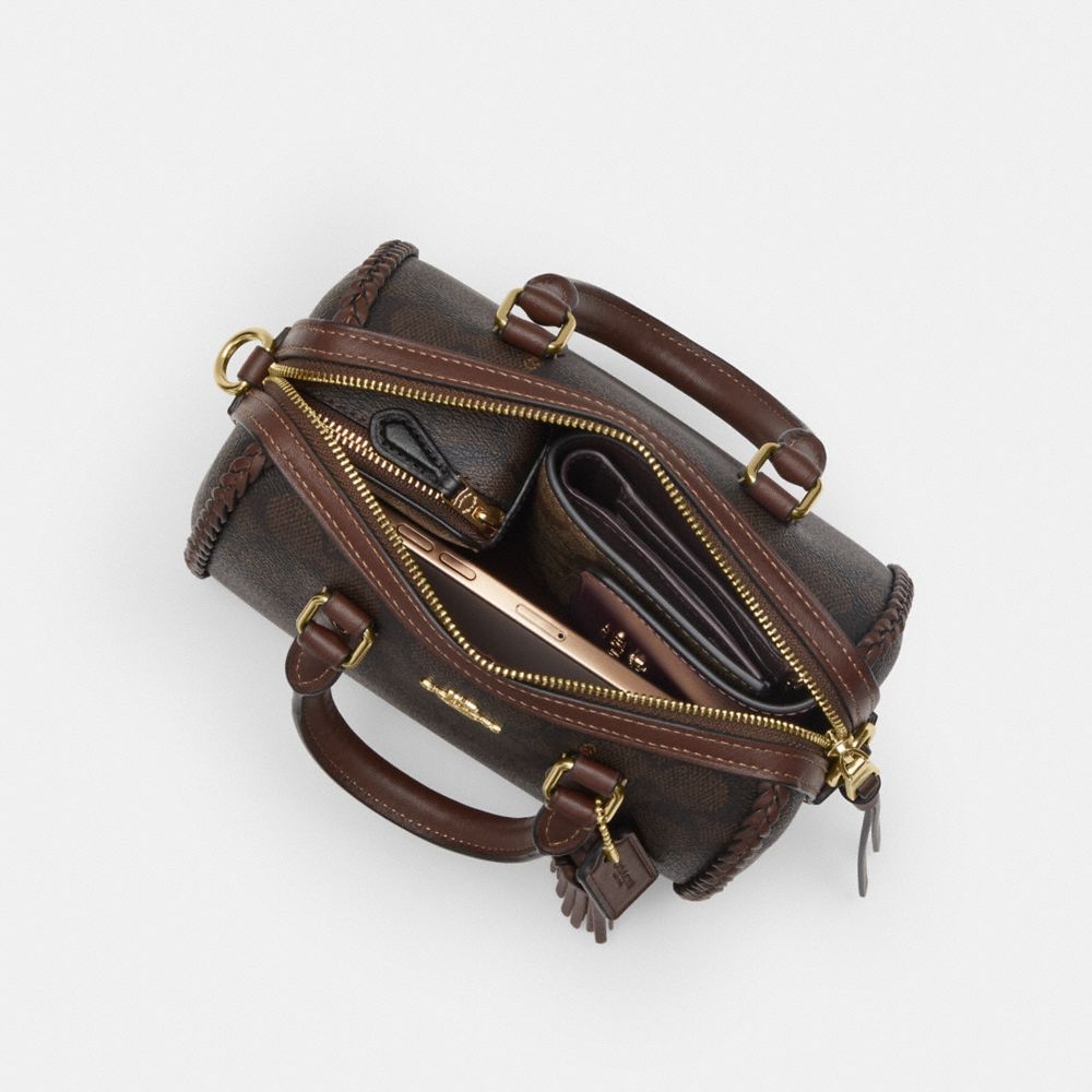 Coach Mini Rowan Crossbody Bag In Signature Canvas With Fringe Im Walnut Maple