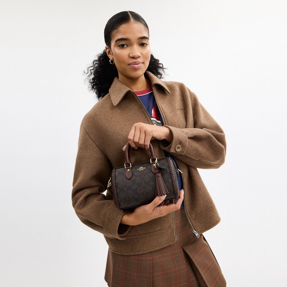 Coach Mini Rowan Crossbody Bag In Signature Canvas With Fringe Im Walnut Maple