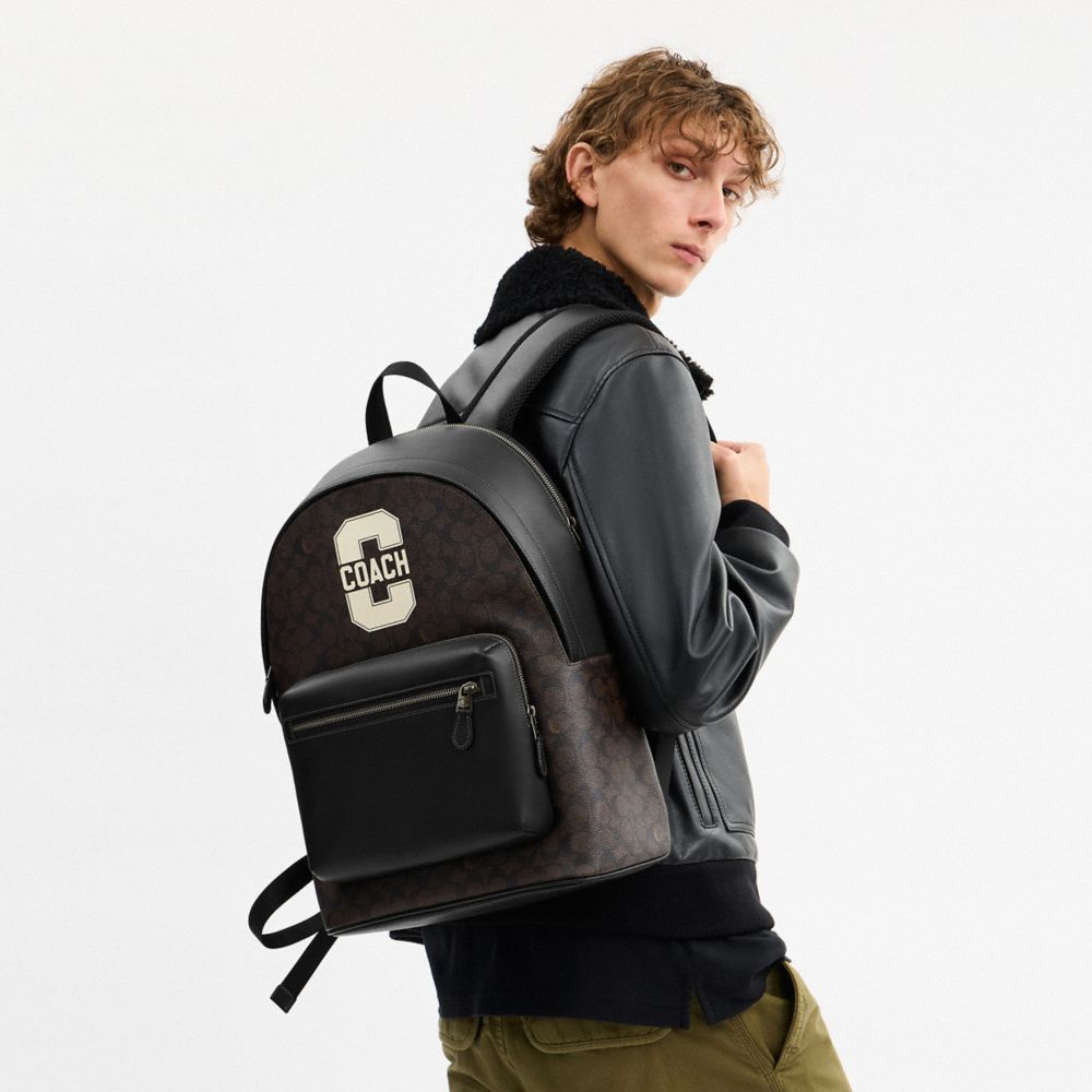 Coach West Backpack In Signature Canvas With Varsity Graphic Qb Walnut Multi
