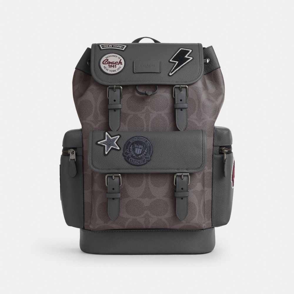 Coach Sprint Backpack In Maxi Signature Canvas With Patches Gunmetal Grey Multi