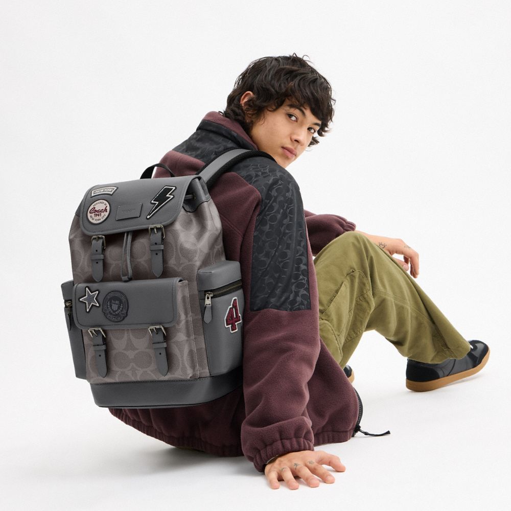 Coach Sprint Backpack In Maxi Signature Canvas With Patches Gunmetal Grey Multi