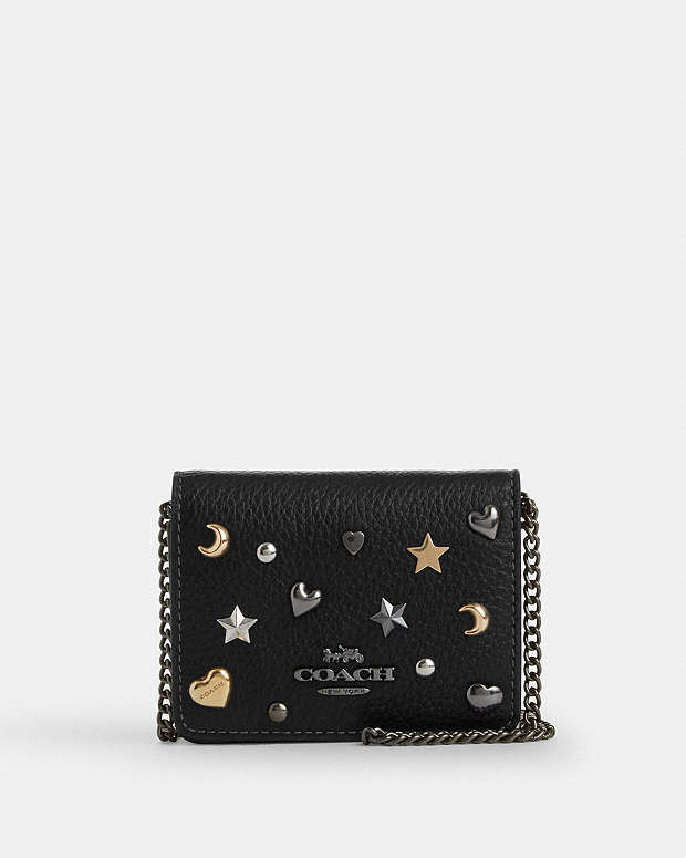 Mini Wallet On A Chain With Rivets Pebbled Leather-Gunmetal-Black Multi Pebbled Leather-Gunmetal-Black Multi