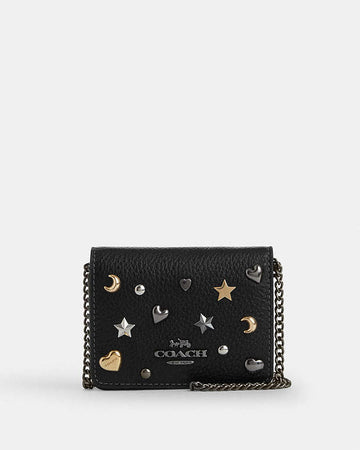 Mini Wallet On A Chain With Rivets Pebbled Leather-Gunmetal-Black Multi Pebbled Leather-Gunmetal-Black Multi