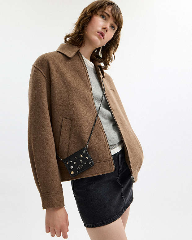 Mini Wallet On A Chain With Rivets Pebbled Leather-Gunmetal-Black Multi Pebbled Leather-Gunmetal-Black Multi