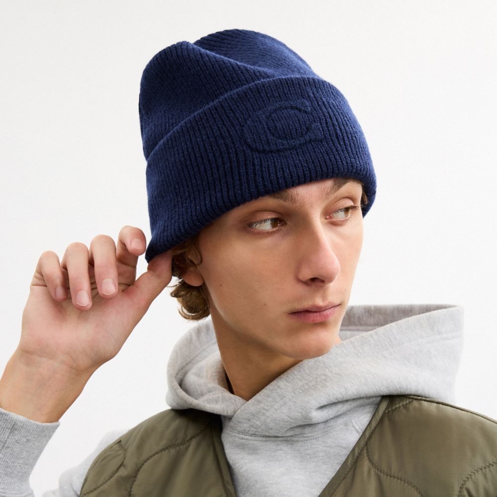 Coach Signature Embossed Knit Beanie Deep Blue