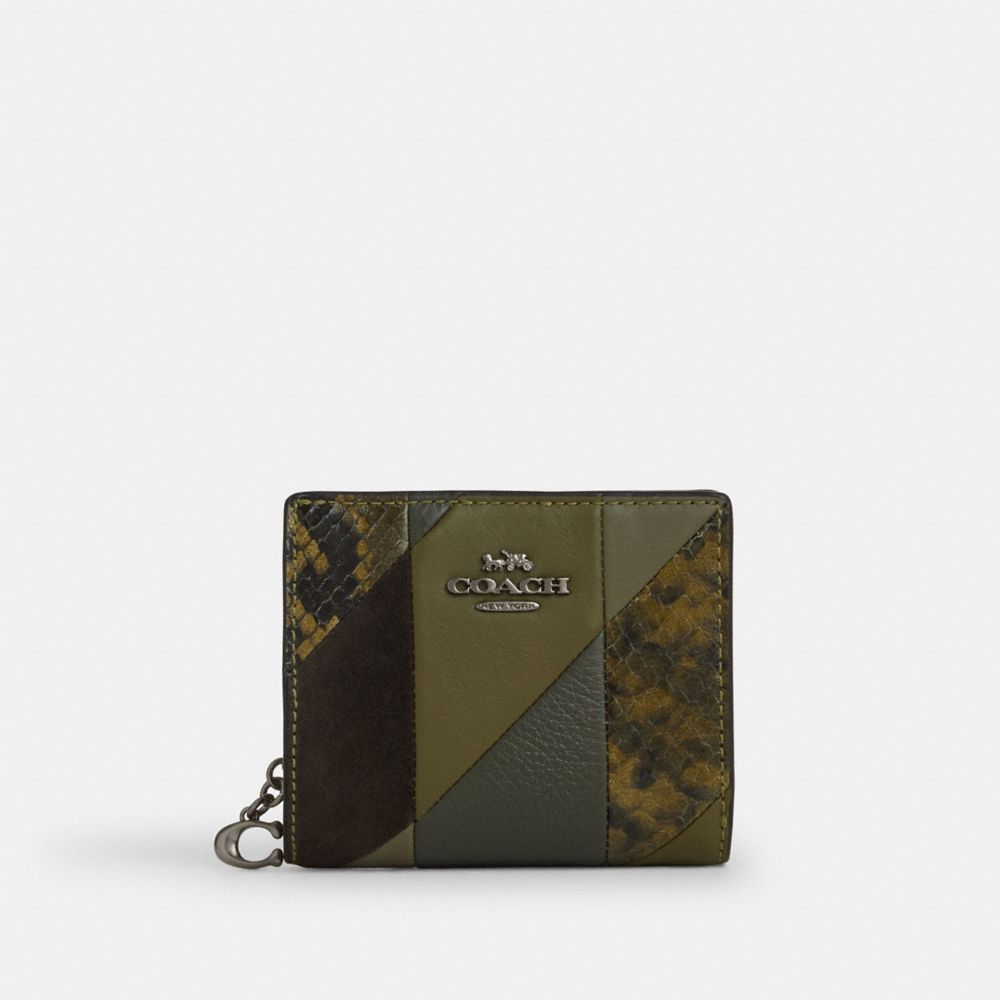 Coach Snap Wallet With Patchwork And Snake Print Gunmetal Olive Multi