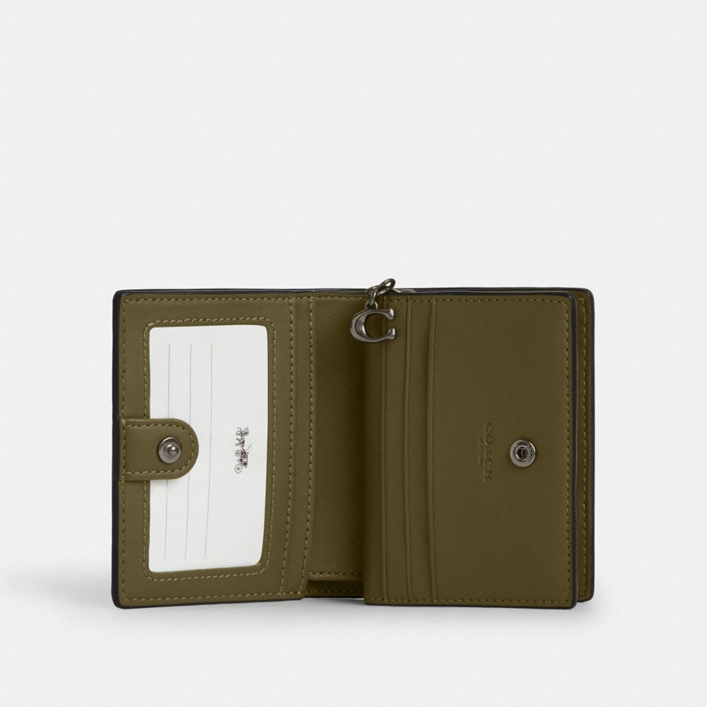 Coach Snap Wallet With Patchwork And Snake Print Gunmetal Olive Multi