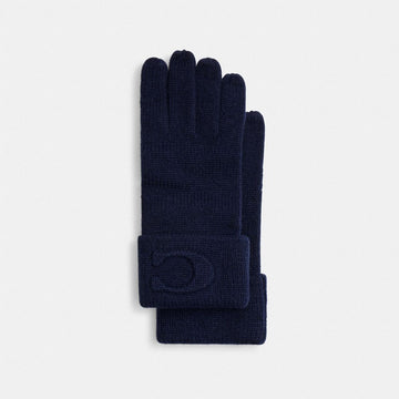 Coach Signature Embossed Knit Gloves Deep Blue
