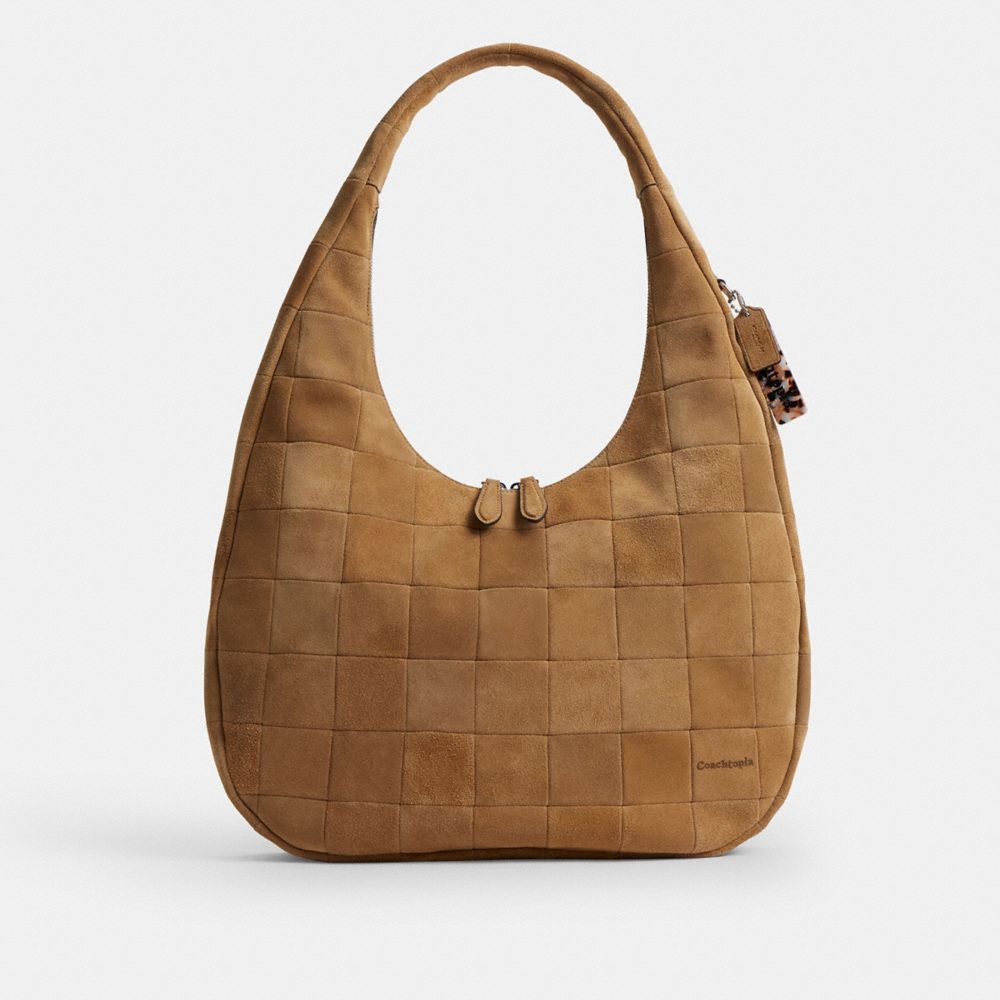 Coach Alter/Ego Large Crescent Shoulder Bag In Checkerboard Upcrafted Suede Sand Suede