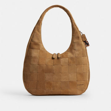 Coach Alter/Ego Large Crescent Shoulder Bag In Checkerboard Upcrafted Suede Sand Suede
