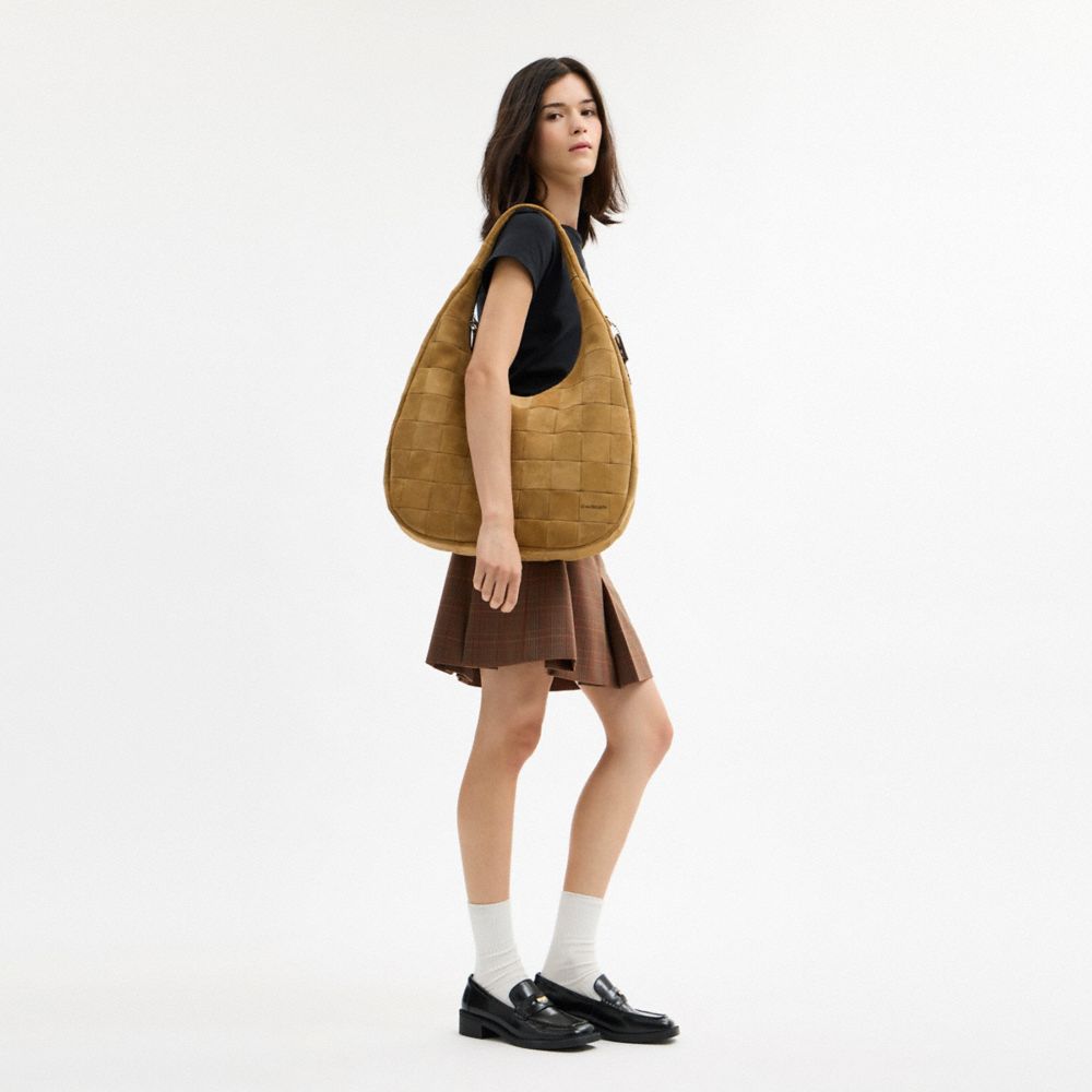 Coach Alter/Ego Large Crescent Shoulder Bag In Checkerboard Upcrafted Suede Sand Suede