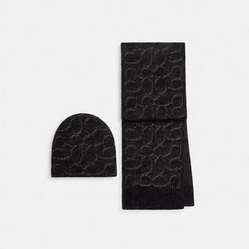 Coach Signature Metallic Beanie And Muffler Gift Set Black