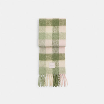 Coach Oversized Plaid Muffler With Rubber Patch Olive Multi