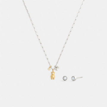 Coach Teddy Bear And Bow Earrings And Necklace Set Gold Silver