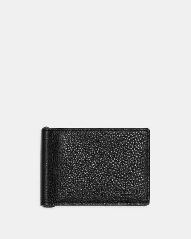 Slim Money Clip Billfold Wallet Pebbled Leather-Gunmetal-Black Pebbled Leather-Gunmetal-Black