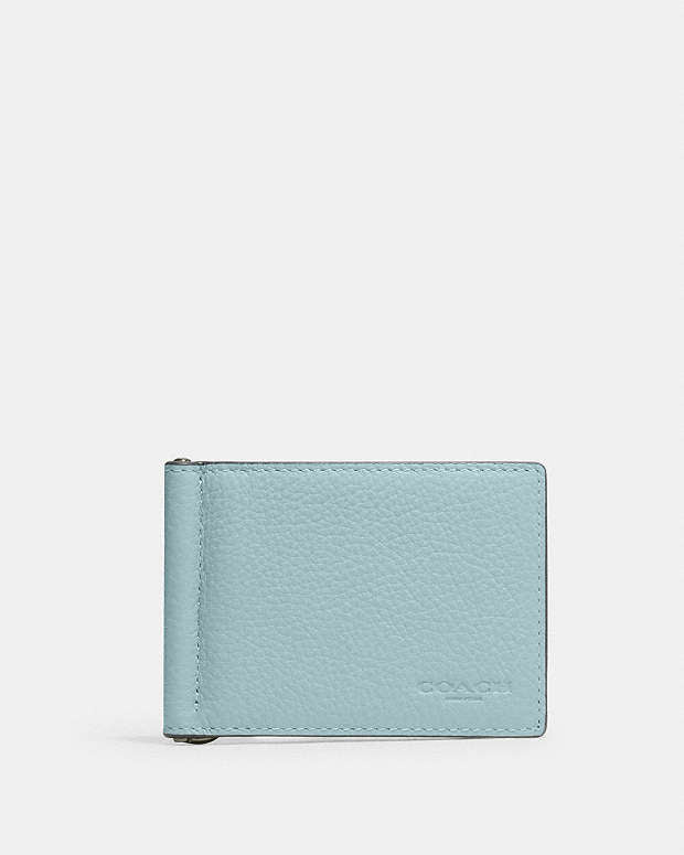 Slim Money Clip Billfold Wallet Pebbled Leather-Qb-Light Blue Pebbled Leather-Qb-Light Blue