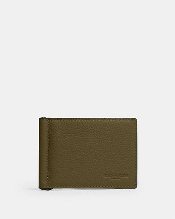 Slim Money Clip Billfold Wallet Pebbled Leather-Gunmetal-Olive Pebbled Leather-Gunmetal-Olive