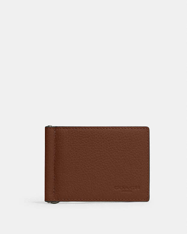 Slim Money Clip Billfold Wallet Pebbled Leather-Gunmetal-Saddle Pebbled Leather-Gunmetal-Saddle