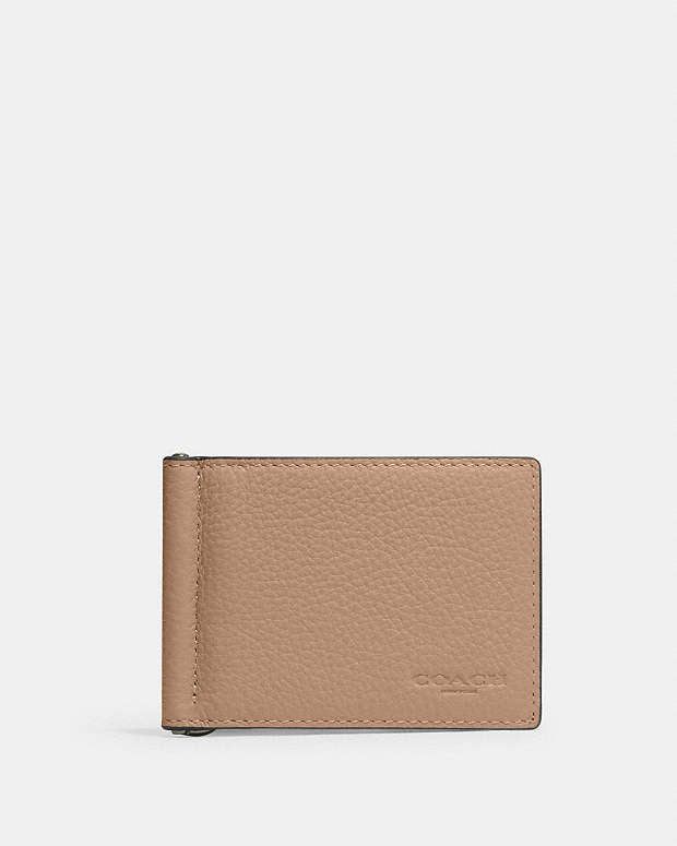 Slim Money Clip Billfold Wallet Pebbled Leather-Black Antique Nickel-Taupe Pebbled Leather-Black Antique Nickel-Taupe